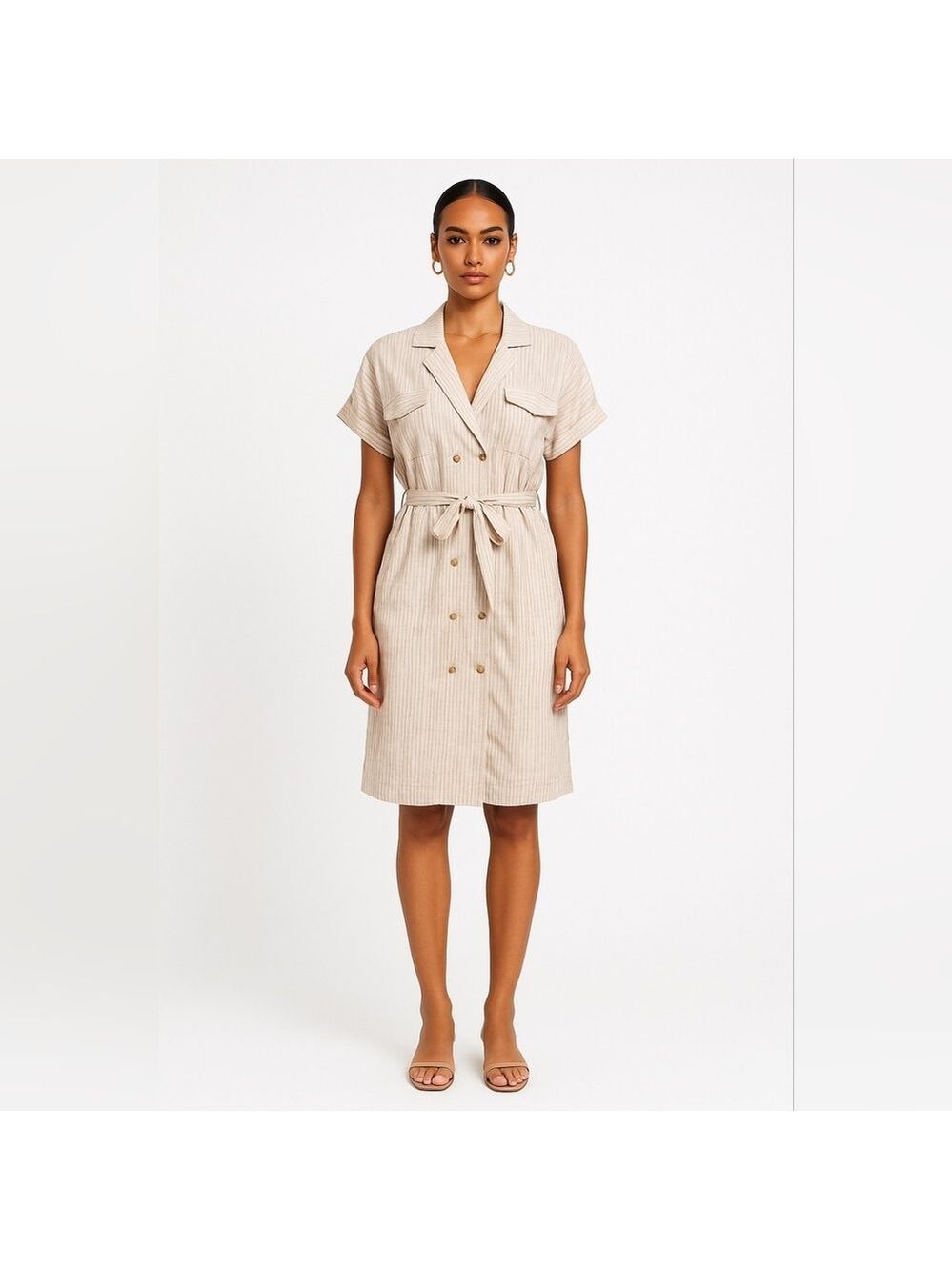 The good jane spring break Jackie linen striped tan dress in ivory/brick stripe - Picture 1 of 10